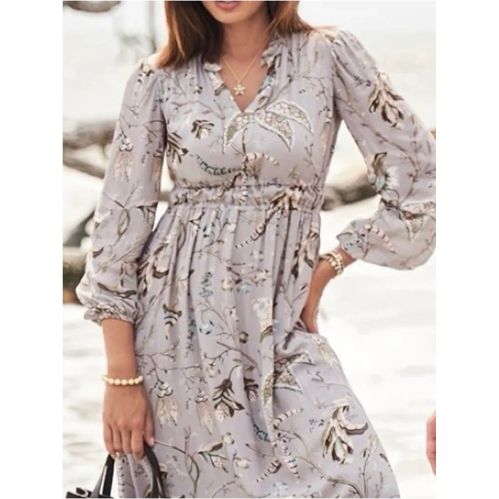 Spartina 449 Maritime Grey Botanical Bird Floral Smocked Waist Maxi Dress XS
